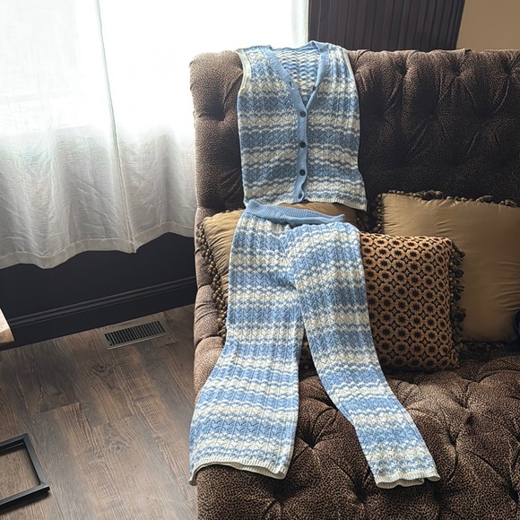 Tops - Blue and White Crochet Vest and Pants Set